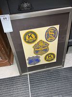 Overall view of framed and matted display with five patches