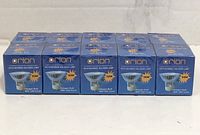 Front view of ten boxed Orion GU10 50W halogen bulbs