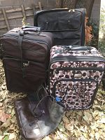 Photo showing three soft-sided suitcases and one leather purse arranged outdoors on dry leaves.