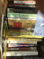 Photo showing a vertical stack of 13 assorted books with titles ranging from fiction, fantasy to self-help and diet guides.
