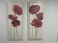Front view of the two framed floral artworks