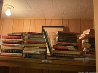 Overall view showing mixed stacks of books and framed Roosevelt print