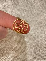front view of round gold-tone Pegasus pendant on finger for scale