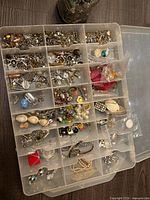Plastic organizer showing multiple compartments filled with assorted jewelry parts