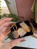 All six Avon pins in a small black presentation box held by hand