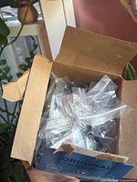 Cardboard box containing multiple small zip bags filled with jewelry pieces