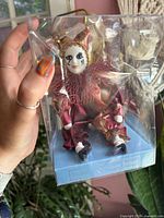 Full view of jester doll inside clear box held in hand