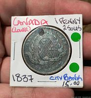 Obverse of 1837 Lower Canada penny in 2x2 holder