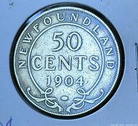 Reverse of 1904 Newfoundland 50 cents coin with denomination, date and H mint mark visible