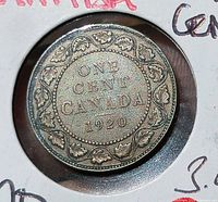 Reverse of 1920 Canada one cent coin in holder