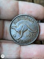 Reverse of 1943 Australia penny showing kangaroo and date
