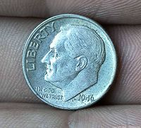 Obverse of 1946 Roosevelt dime showing portrait, LIBERTY, IN GOD WE TRUST, 1946