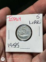 Obverse of 1955 Italy 5 Lire coin within holder