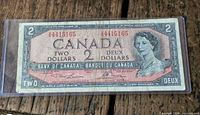 Obverse of Canada 1954 $2 note showing serial 4415165, Queen Elizabeth II portrait
