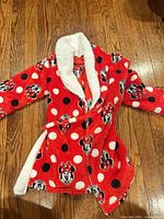 Front view showing Minnie Mouse polka-dot side, sherpa collar, belt