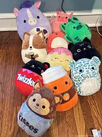Group shot showing all 11 Squishmallows on hardwood floor