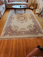 Rug in living room showing full size and fringe