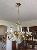Full view of brass and glass chandelier hanging from ceiling