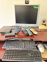 Front view of monitor with webcam, remotes, calculators, pen holder