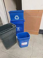 Group shot of blue recycling bins, green trash can, cardboard sheets