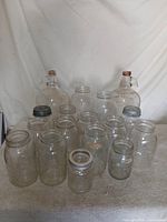 Group shot showing two 1-gallon jugs and 14 assorted canning jars