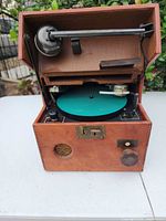 Full view of open SoundScriber dictation machine in case showing platter, tone arm and controls