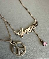 Close-up of both sterling silver necklaces showing pendants and chain details