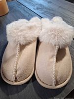 Top view of slippers showing faux suede upper and faux fur collar