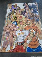 front view showing printed cartoon wrestlers and overall condition