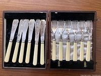 Open case showing six knives and six forks in fitted interior