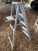 Side view of ladder showing steps, paint tray, and A-frame