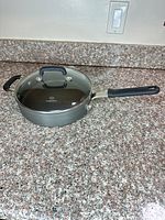 Pan with lid on countertop showing overall appearance