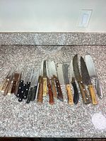 Full lineup of assorted knives and honing steel on countertop