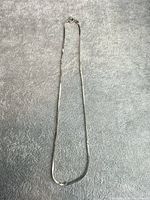 Full view of the 18" sterling silver flat serpentine chain necklace on neutral background