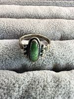 Front view of sterling ring showing turquoise stone and bead accents