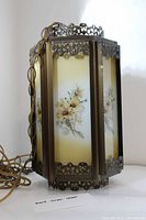 Overall view of hexagonal floral glass swag lamp with cord and chain