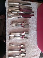 All 36 flatware pieces grouped by type on towel