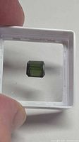 Octagon-cut green tourmaline held in gem box, showing size and shape