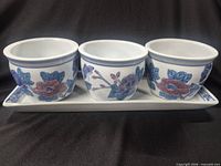 front view of three matching planters on tray