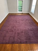 Full view of purple area rug on hardwood floor