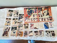Wide shot of all cards, poster and top loaders on table