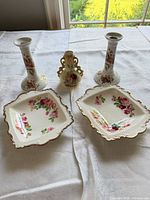 Full set: two trays, two candlesticks, one vase