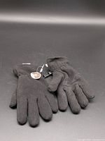 Pair of black fleece gloves laid flat