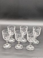 Six crystal goblets in group view