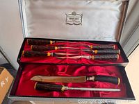 Open case showing six knives, carving knife and sharpening steel in red satin