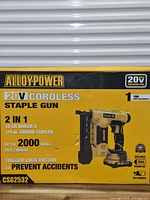 Retail box showing ALLOYPOWER CSG2532 20 V cordless staple gun/nailer and key specs