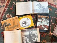 Five hardcover books on rug showing covers and interior pages