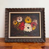 Frontal view of framed oil painting showing entire artwork and frame