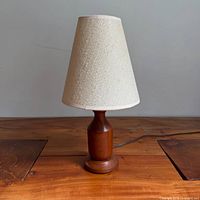 Full view of teak lamp with shade