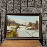 full view of framed winter landscape oil painting